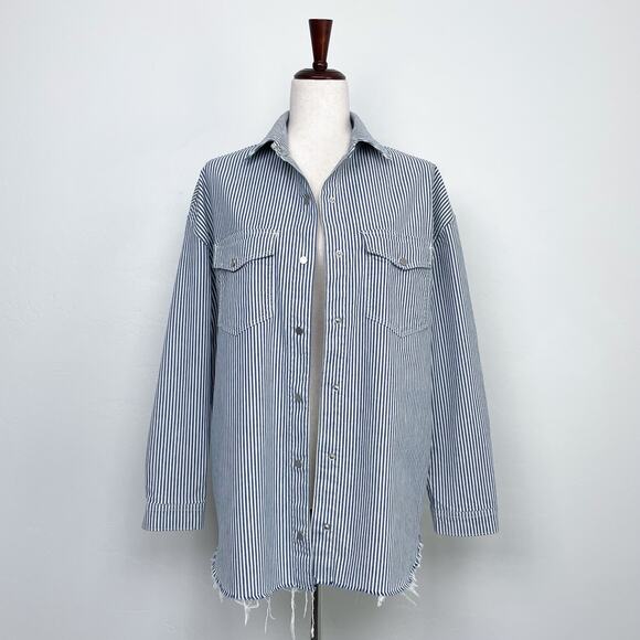 Mavi Livia Oversized Striped Raw Hem Cotton Denim Shacket Shirt - Picture 2 of 12